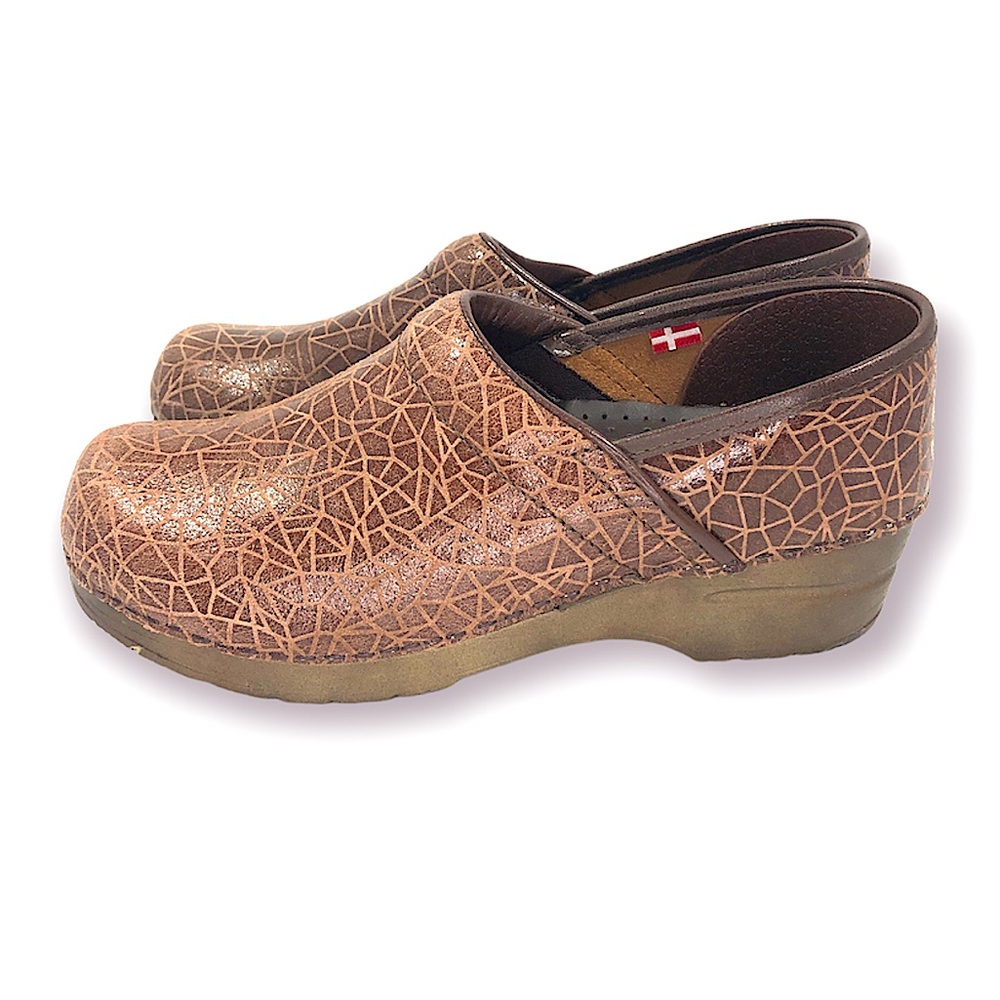 SANITA brown leather animal print Danish nursing clogs shoes WOMENS 7